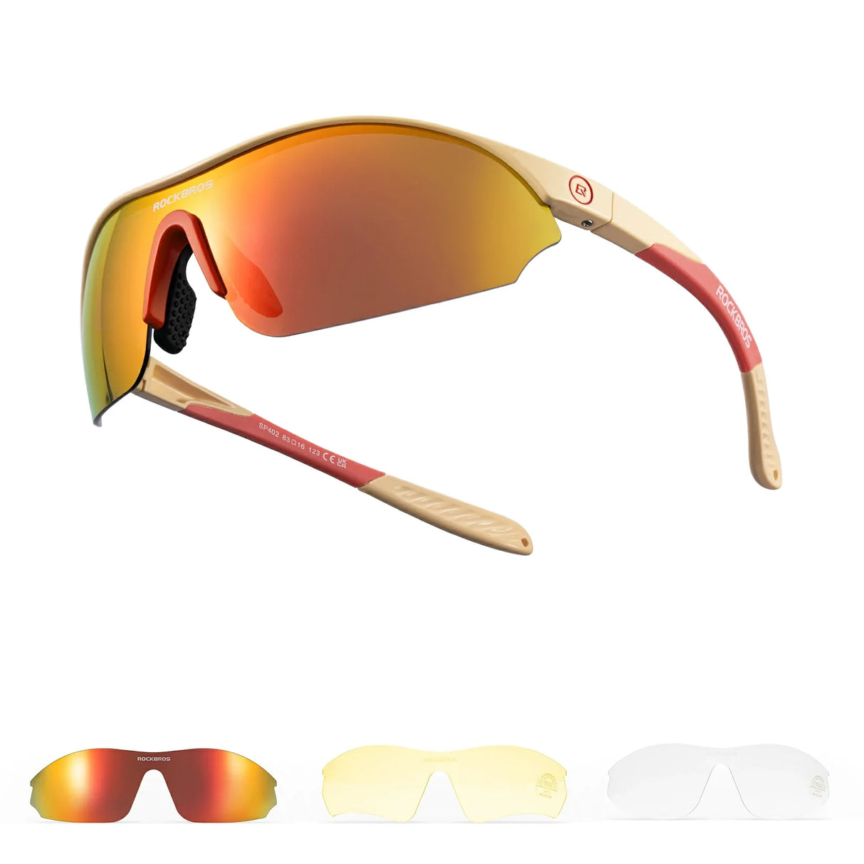 Sports Cycling Sunglasses with 3 Interchangeable#Color_Khaki