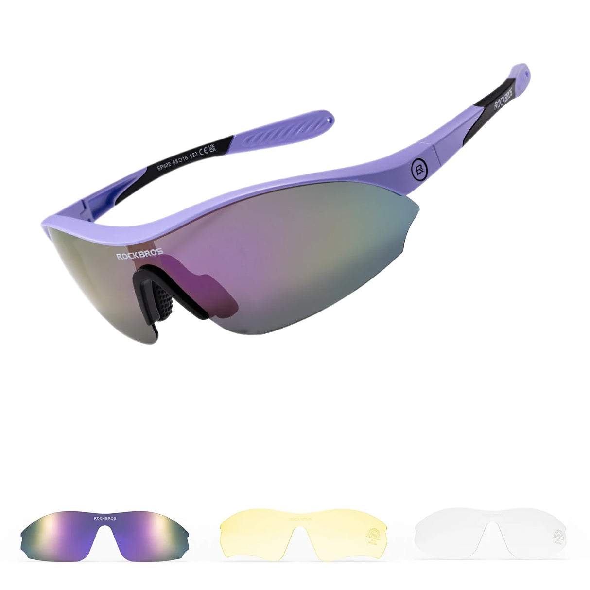 Sports Cycling Sunglasses with 3 Interchangeable#Color_Purple