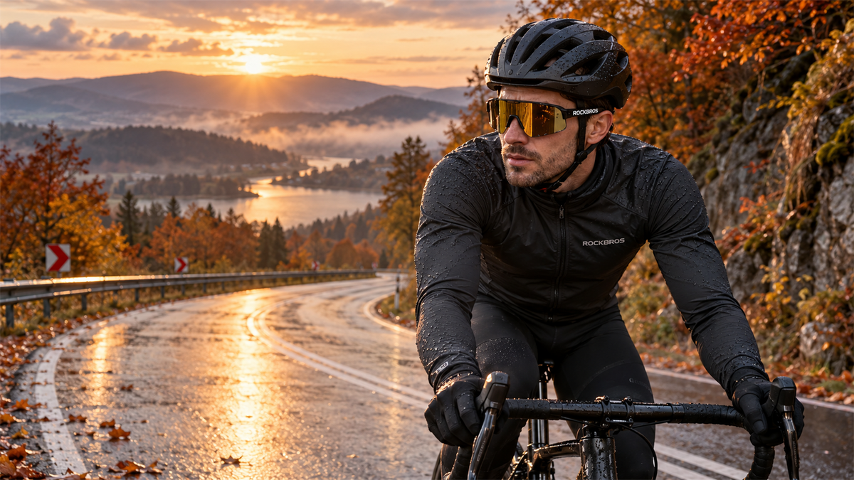 Okulary rowerowe ROCKBROS na mokrej jesiennej trasie w Polsce