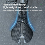 Bicycle saddle with text highlighting its lightweight and comfortable design.