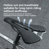 Bicycle saddle with text highlighting its design features on a blurred background