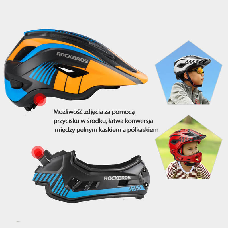ROCKBROS Kaski Rowerowy dla Dzieci z Odpinaną Osłoną Podbródka -TT-32 Kaski
