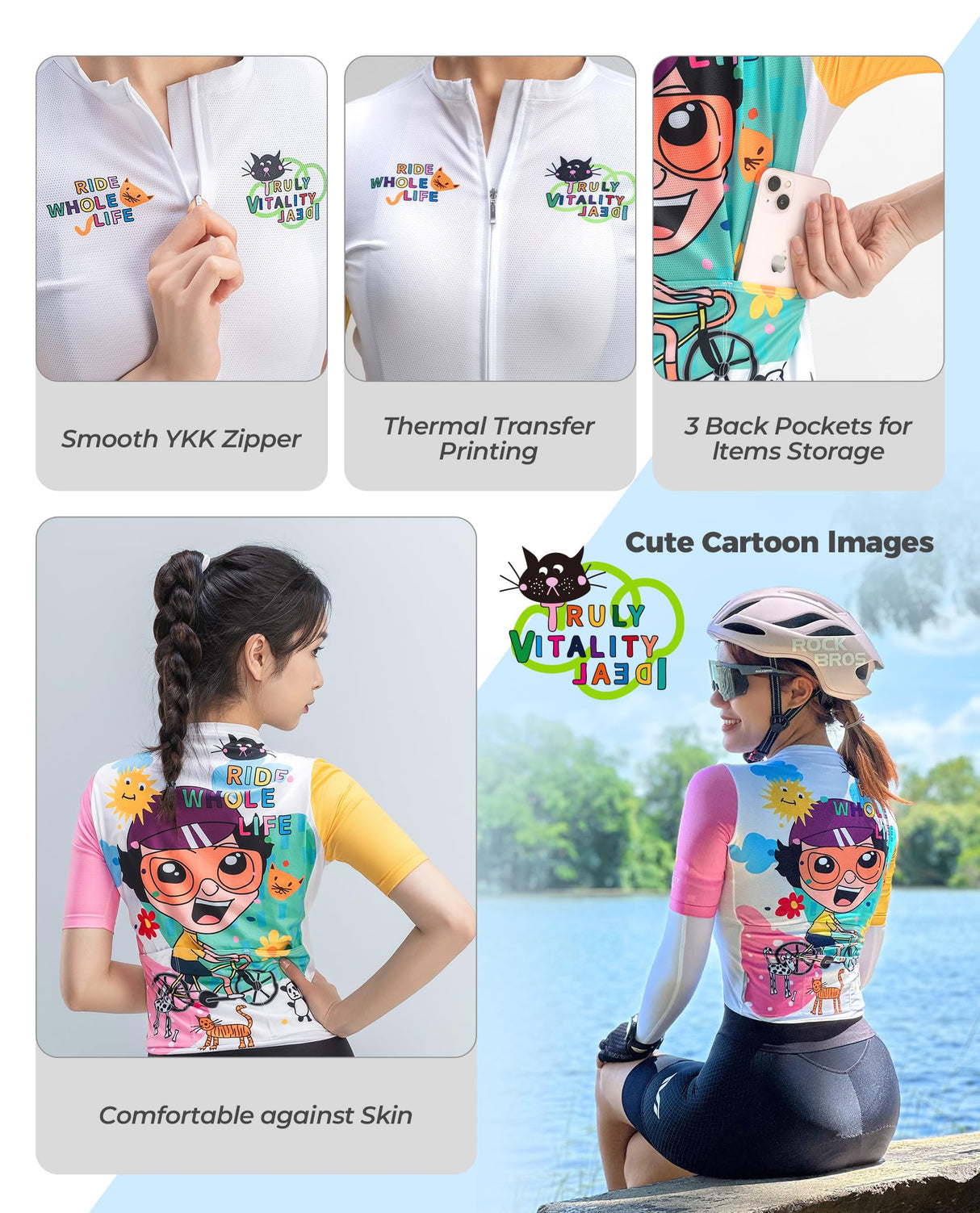 ROCKBROS ROCKBROS TVI Series, Damska Koszulka Kolarska Oddychająca, w Stylu Kreskówkowym, z Krótkim Rękawem, Wygodna Koszulka Kolarska na Rowery Górskie i Szosowe, Biała-XXS Koszulki