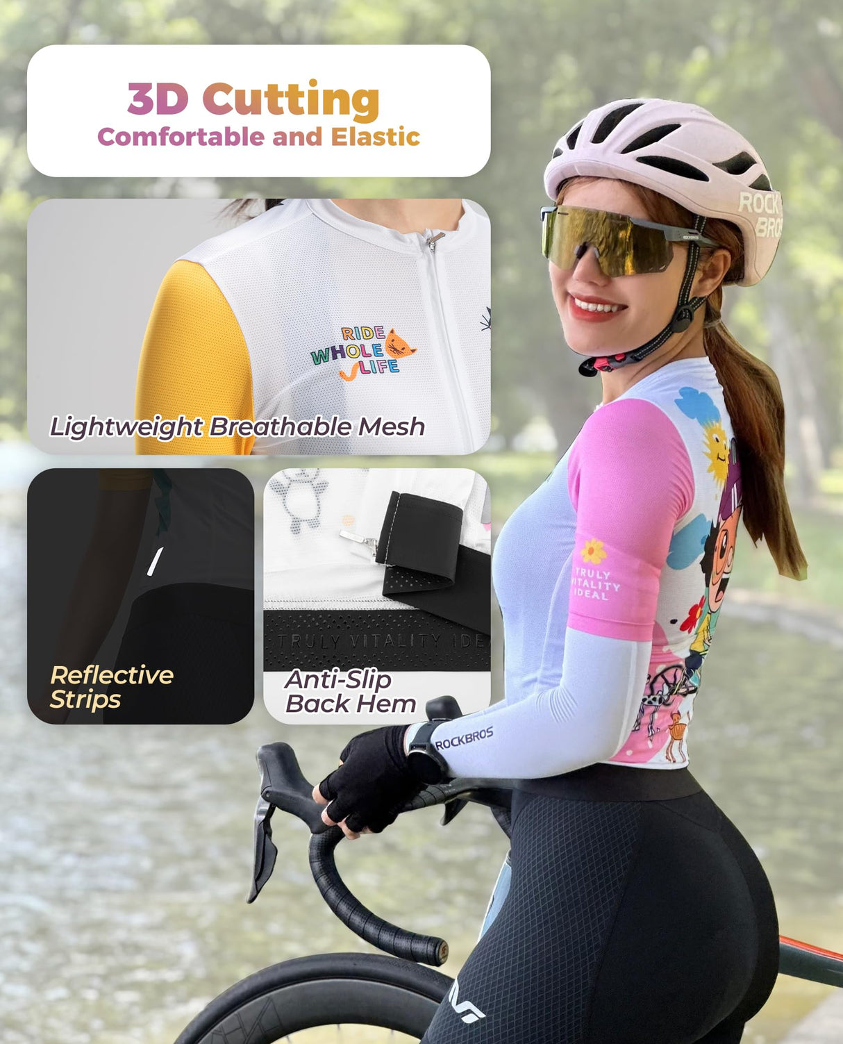 ROCKBROS ROCKBROS TVI Series, Damska Koszulka Kolarska Oddychająca, w Stylu Kreskówkowym, z Krótkim Rękawem, Wygodna Koszulka Kolarska na Rowery Górskie i Szosowe, Biała-XXS Koszulki