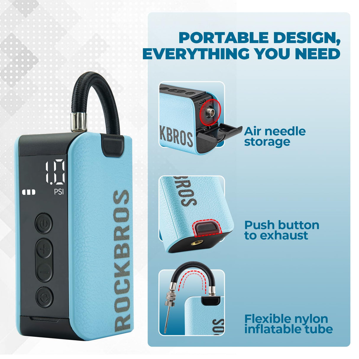 ROCKBROS ROCKBEOS Elektryczna Pompka do Piłek z 4 Zapasowymi Igłami Akumulatorowa Pompka Powietrza 20PSI 1400mAh Przenośna Mini Pompka do Siatkówki, Koszykówki, Piłki Nożnej i Pływania Elektryczne pompki