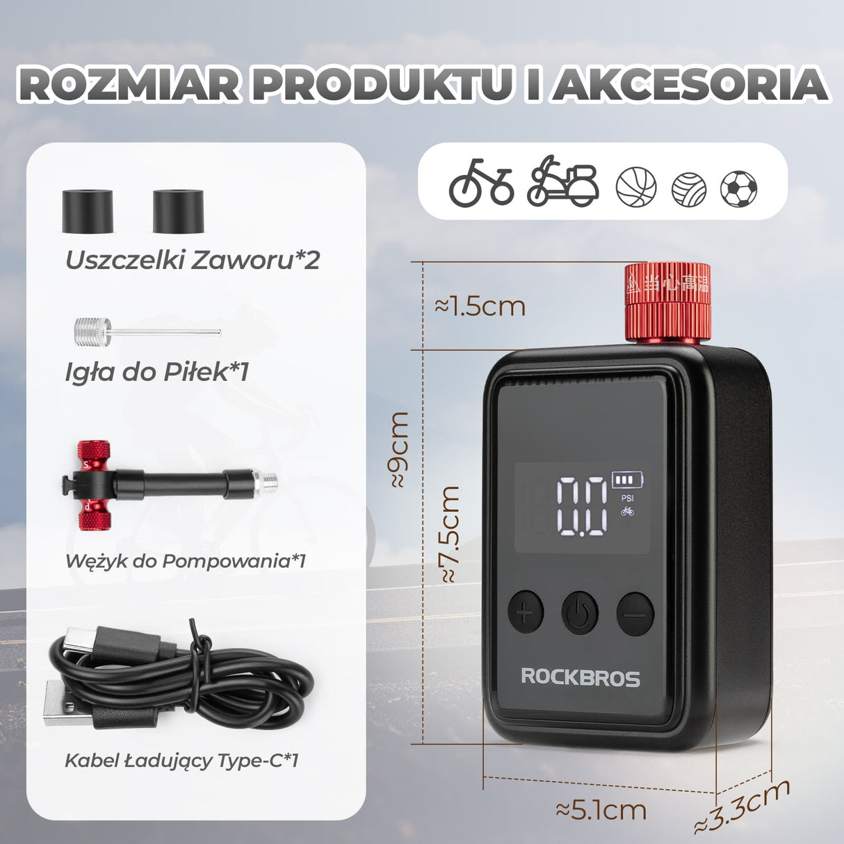 ROCKBROS Mini Elektryczna Pompka Rowerowa Z Wyświetlaczem LED 150 PSI - HW-140 Elektryczne pompki