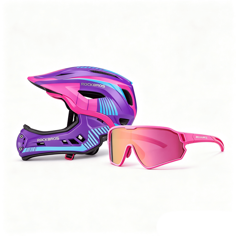ROCKBROS Pakiet Bezpieczeństwa Dla Dzieci: Kask I Okulary Fioletowy S (48-52 cm) Różowy