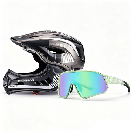 ROCKBROS Pakiet Bezpieczeństwa Dla Dzieci: Kask I Okulary Szary S (48-52 cm) Przezroczysty Zielony
