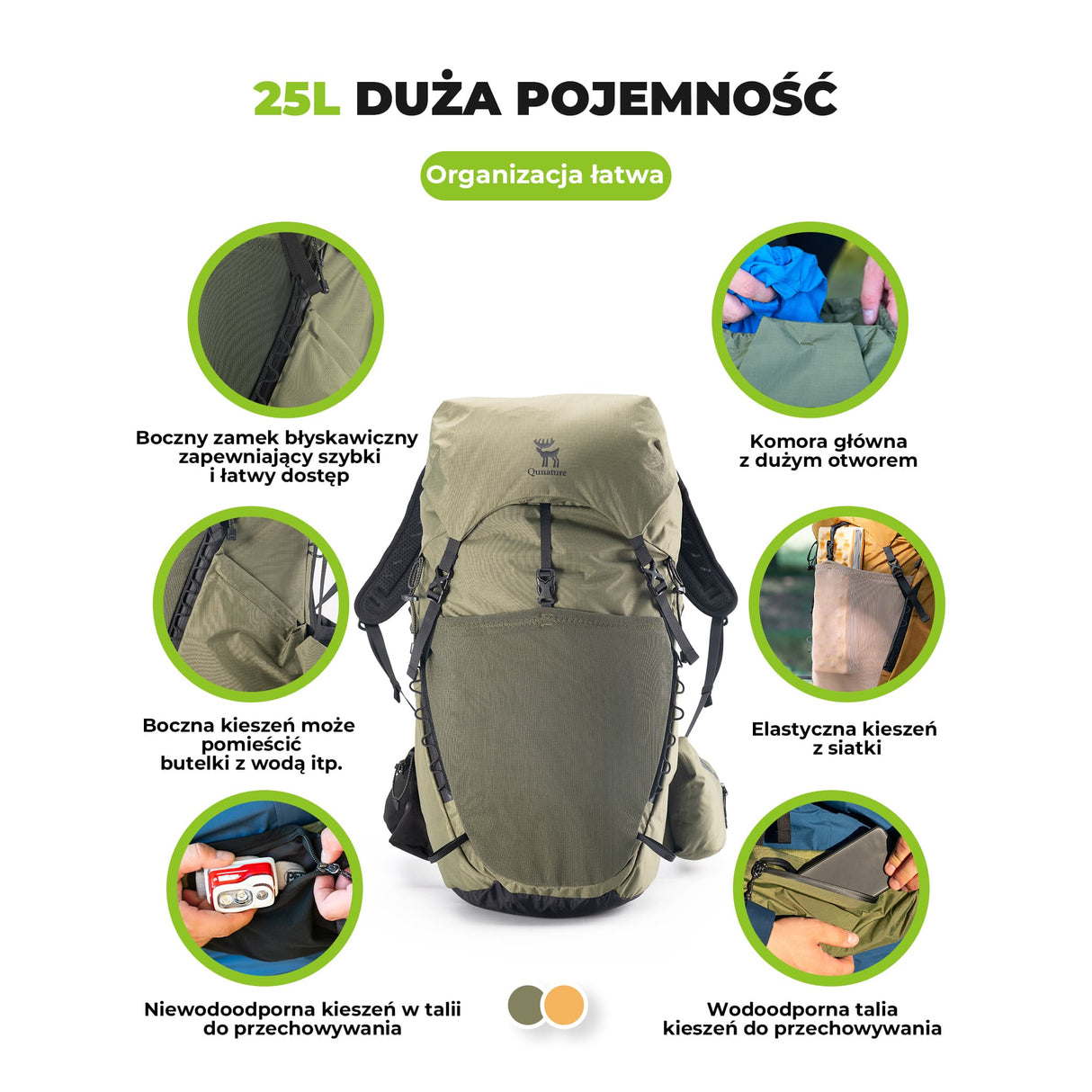 Qunature Qunature Plecak Trekkingowy 25 L z Odpinaną Kieszenią I Dostępem Bocznym-H64 Qunature-Wędrówki