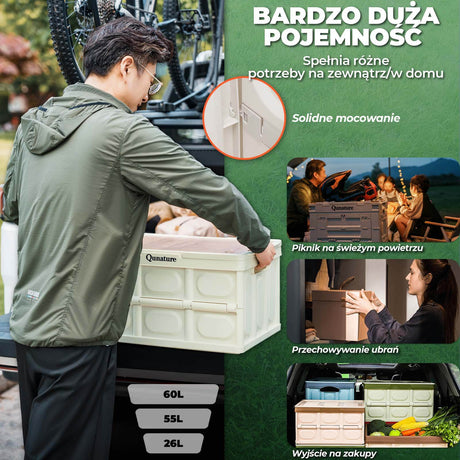 Qunature Pudełko kempingowe Pudełko do przechowywania z pokrywką Składany pojemnik do przechowywania Outdoor Akcesoria kempingowe Sprzęt Sprzęt na kemping Podróże Piknik rodzinny 26L55L60L