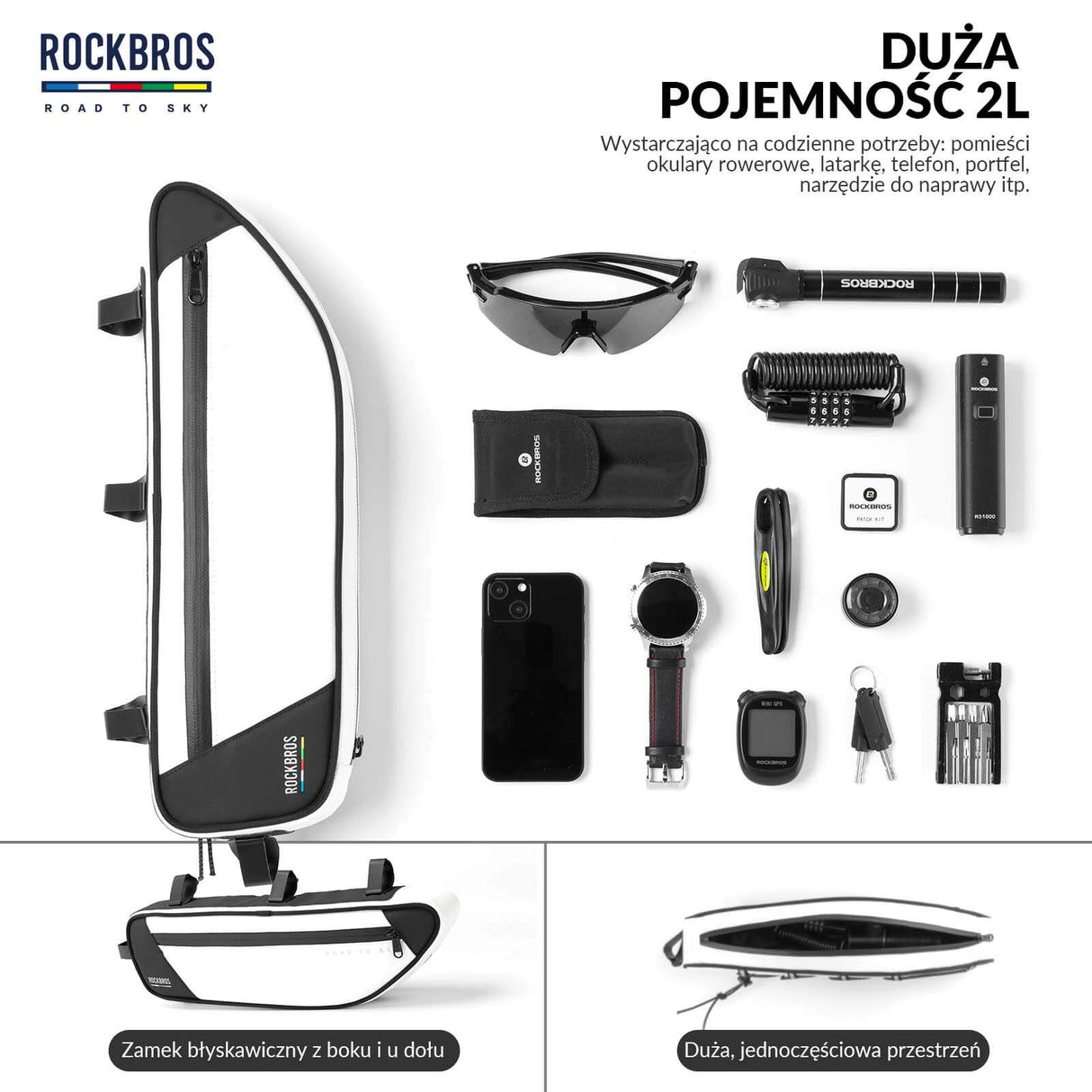 ROAD TO SKY Torba Rowerowa na Ramę Wodoodporna Odblaskowa 0,7L-Biały