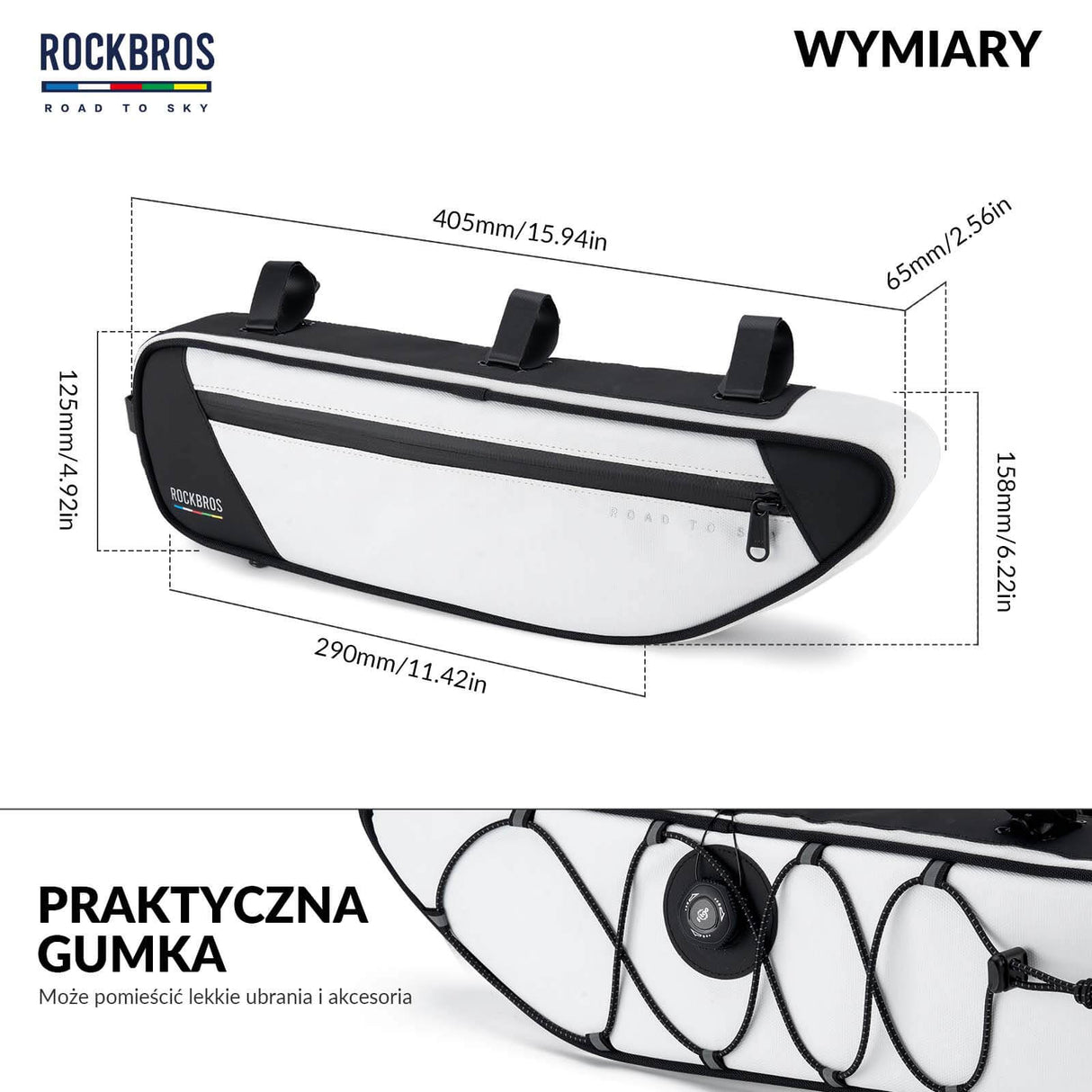 ROAD TO SKY Torba Rowerowa na Ramę Wodoodporna Odblaskowa 0,7L-Biały