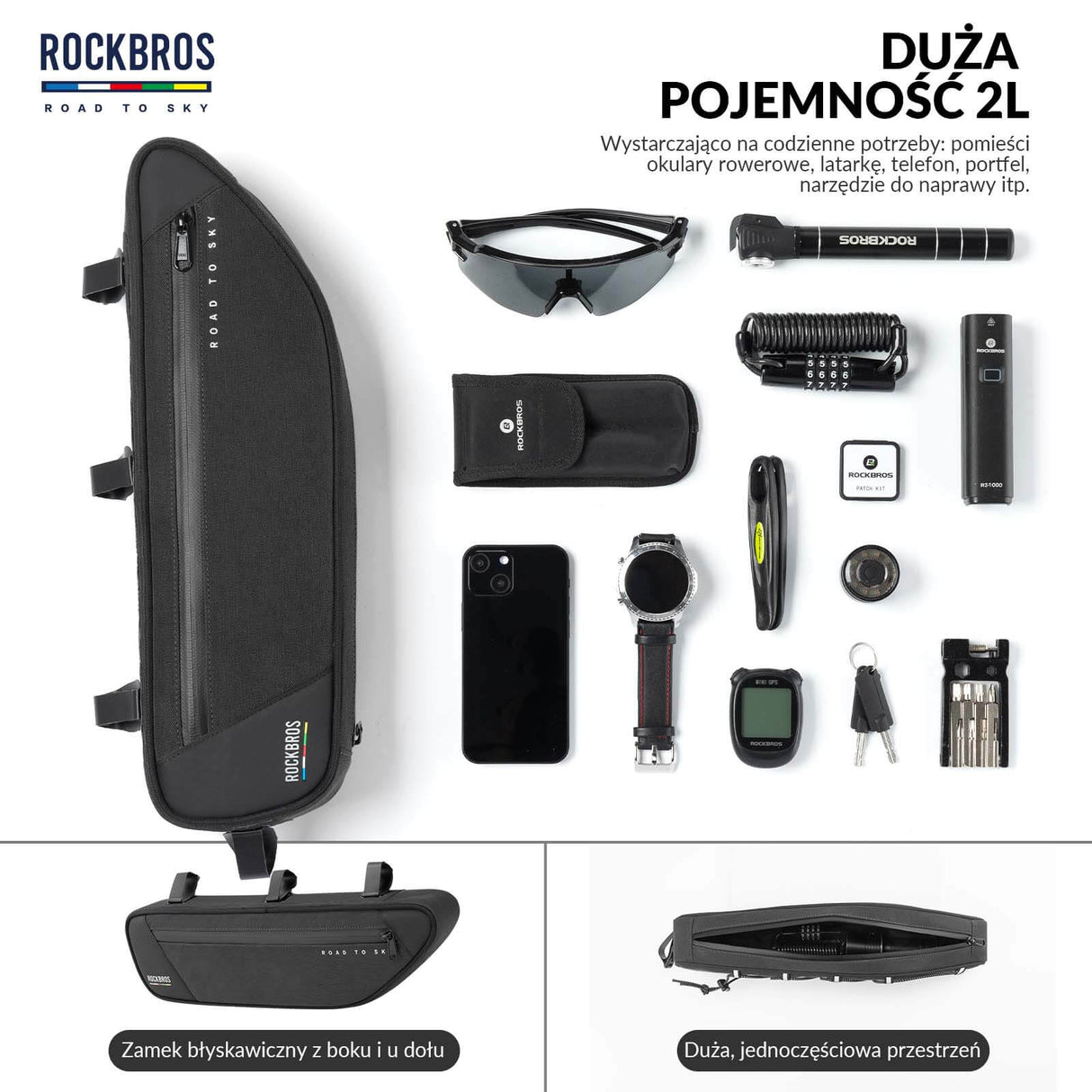 ROAD TO SKY Torba Rowerowa na Ramę Wodoodporna Odblaskowa 0,7L-Czarny