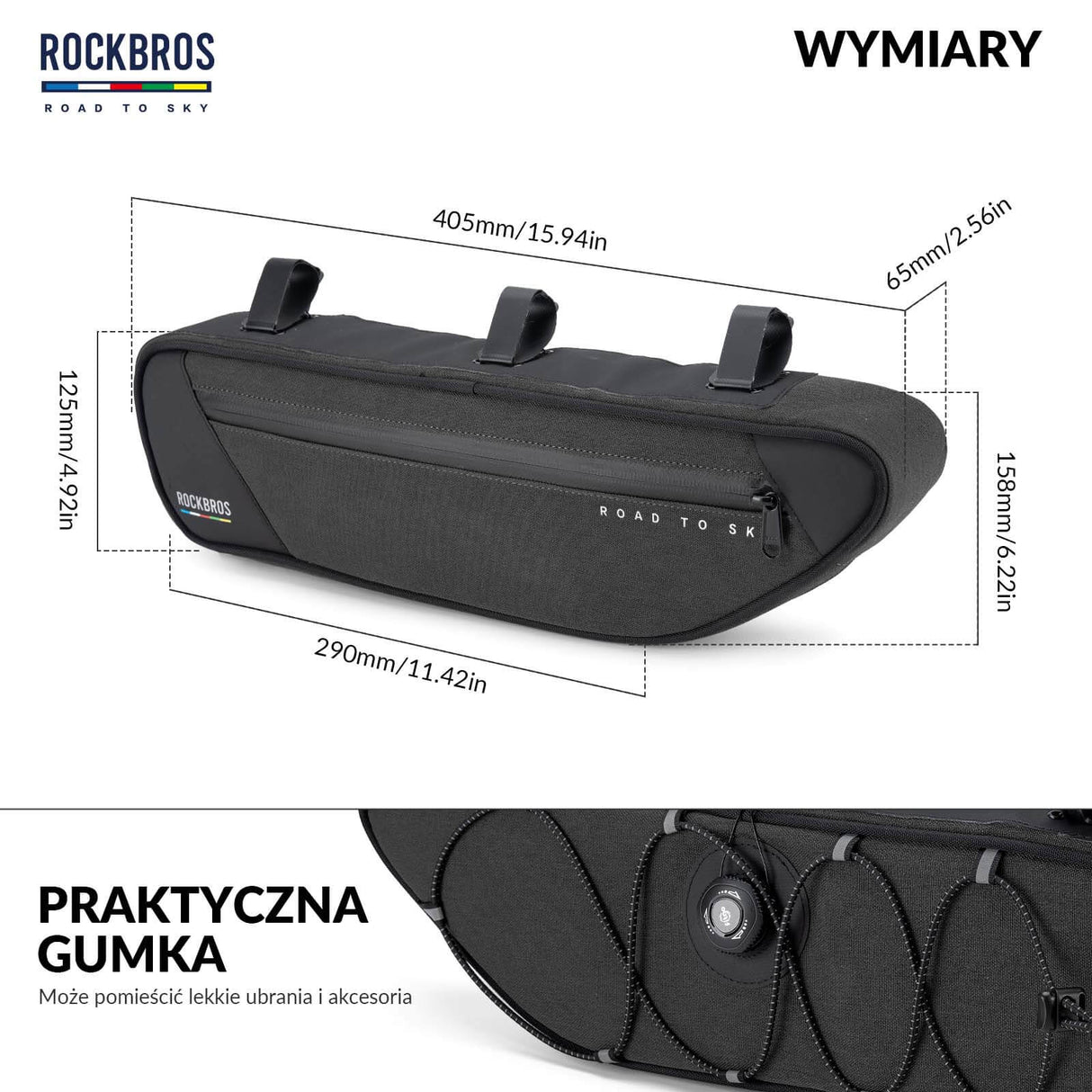 ROAD TO SKY Torba Rowerowa na Ramę Wodoodporna Odblaskowa 0,7L-Czarny