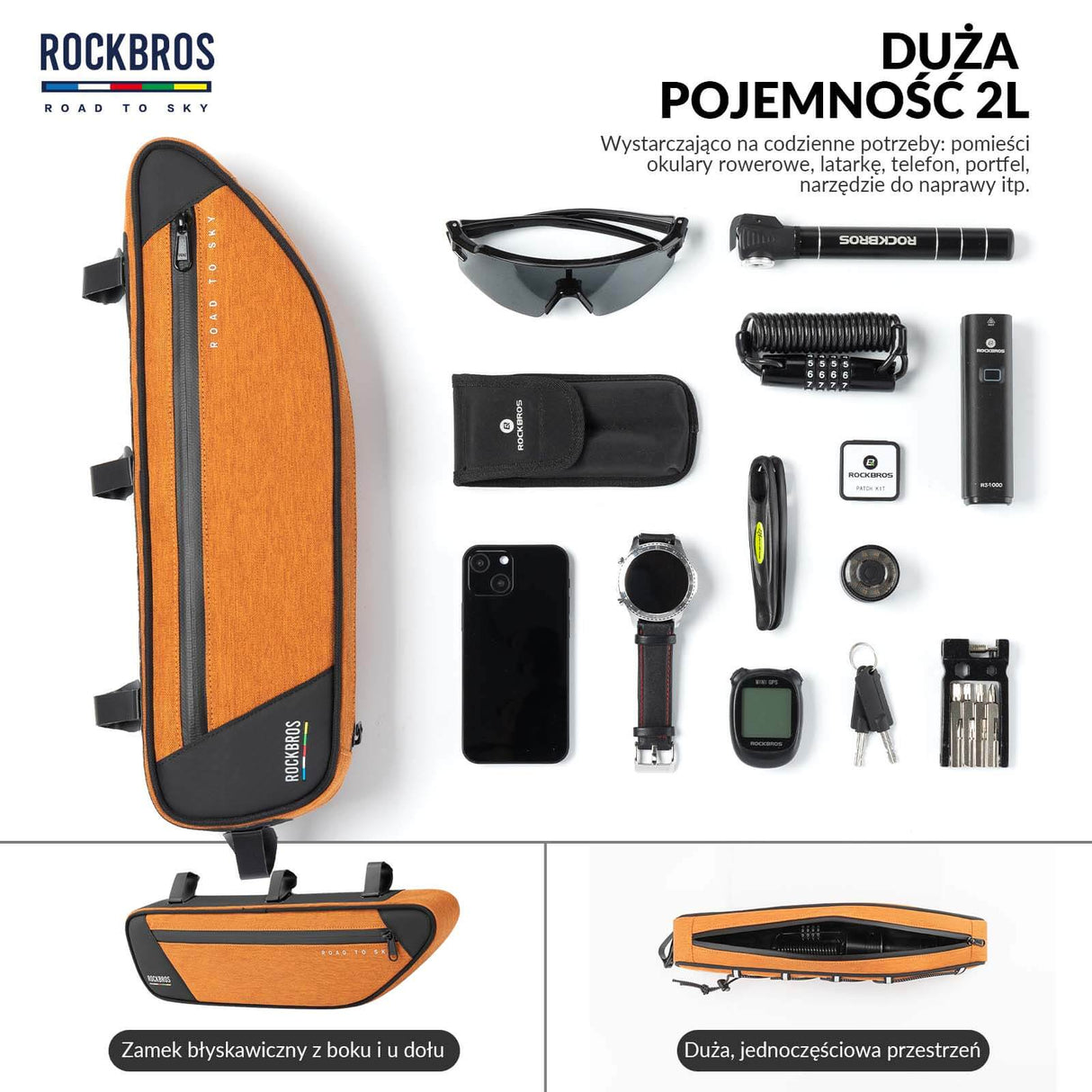 ROAD TO SKY Torba Rowerowa na Ramę Wodoodporna Odblaskowa 0,7L-Pomarańczowy