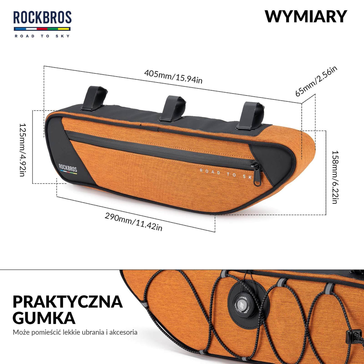 ROAD TO SKY Torba Rowerowa na Ramę Wodoodporna Odblaskowa 0,7L-Pomarańczowy