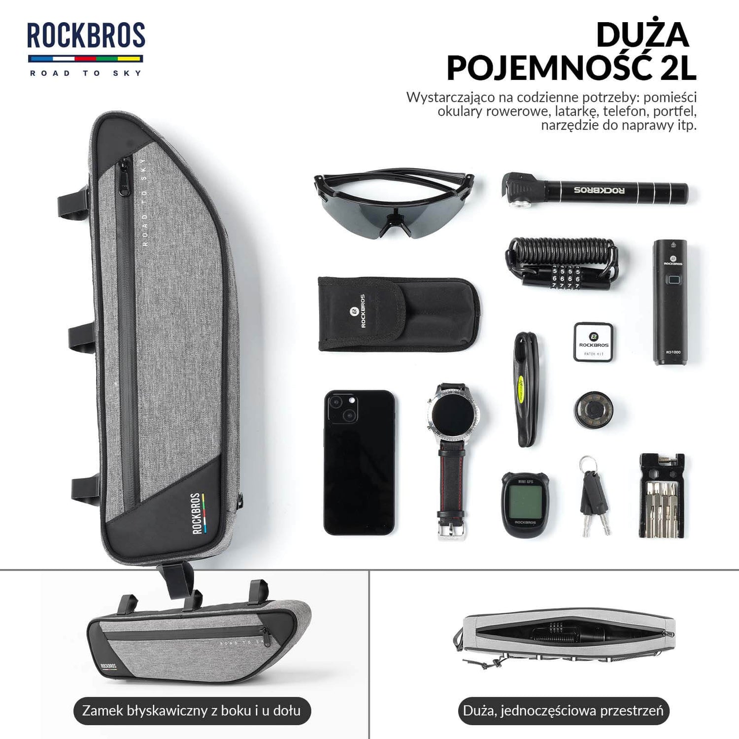 ROAD TO SKY Torba Rowerowa na Ramę Wodoodporna Odblaskowa 0,7L-Szary