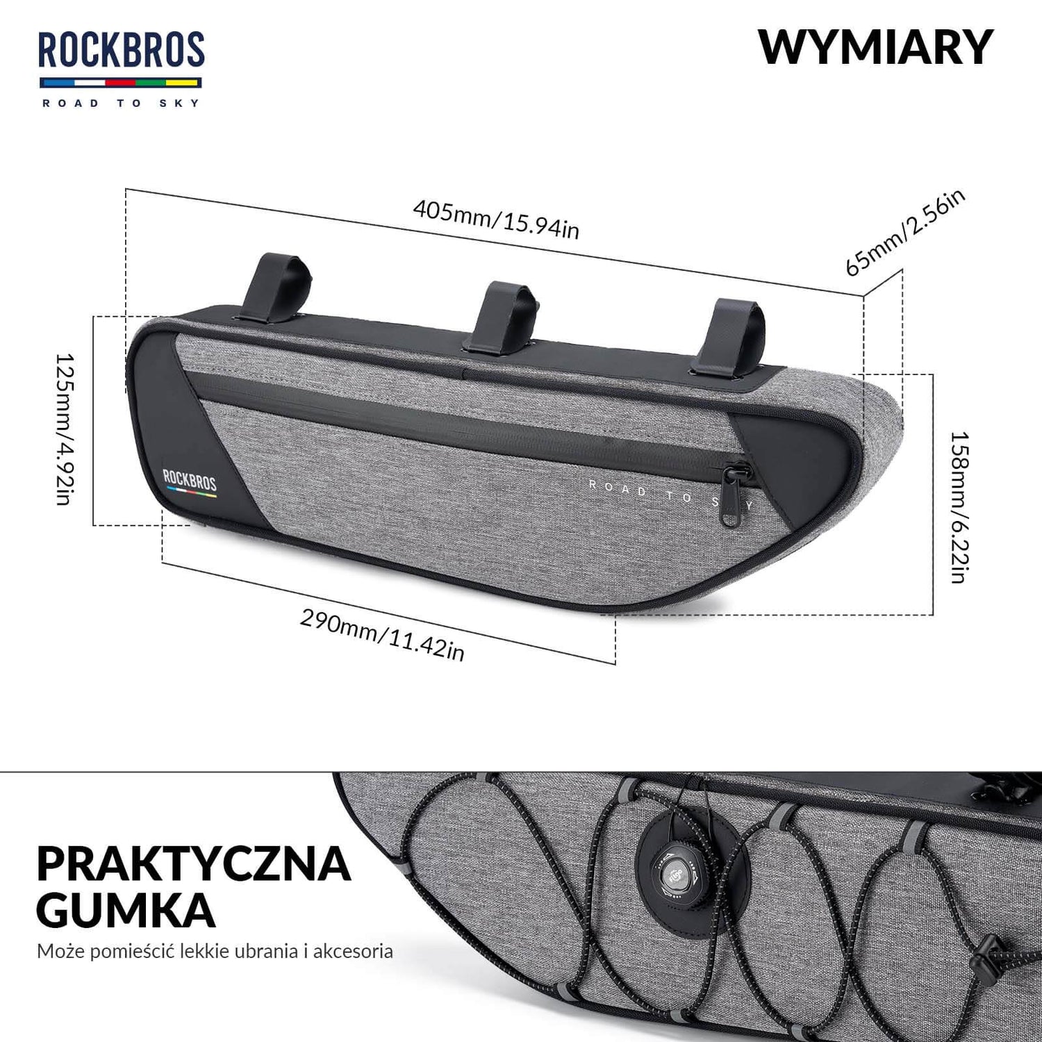 ROAD TO SKY Torba Rowerowa na Ramę Wodoodporna Odblaskowa 0,7L-Szary