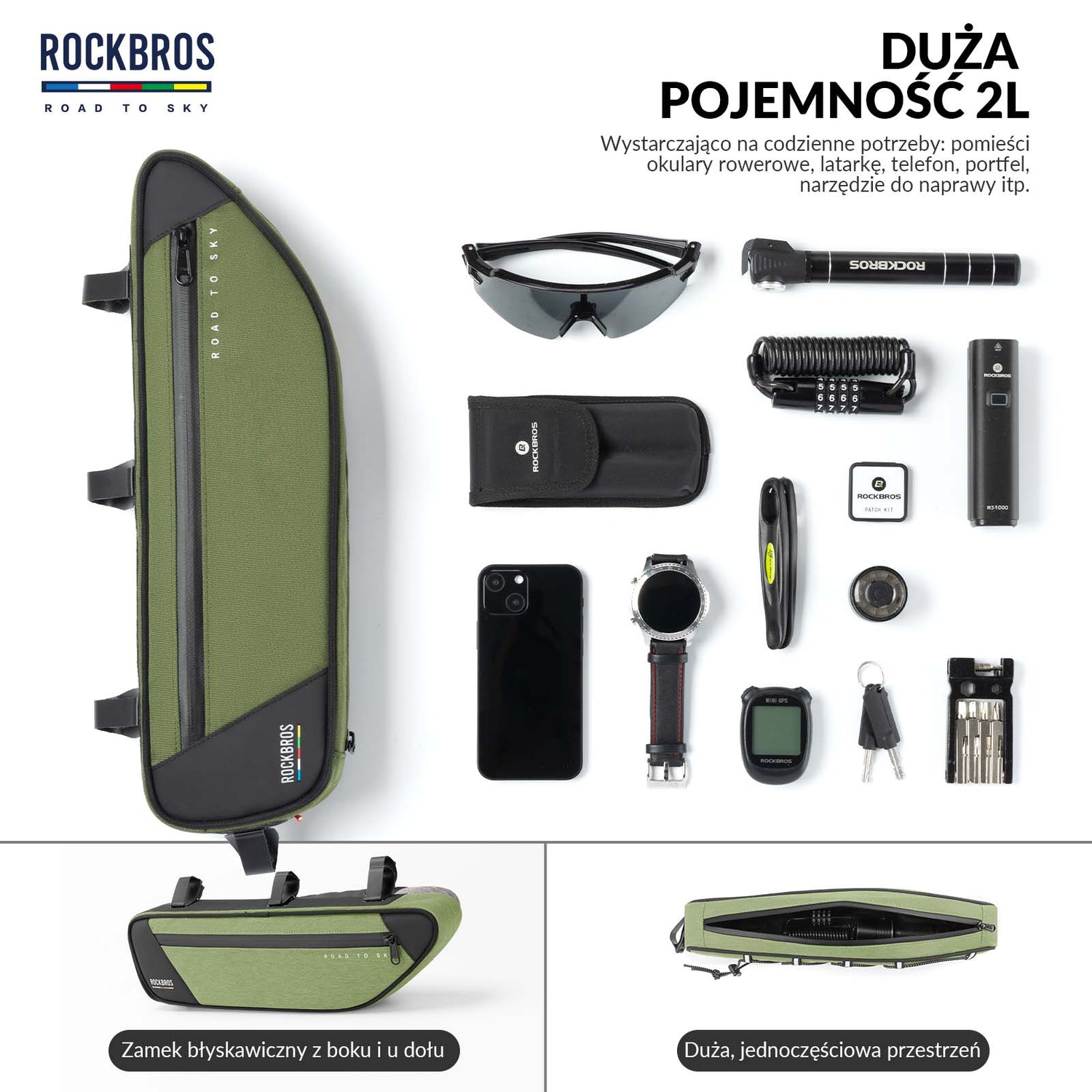 ROAD TO SKY Torba Rowerowa na Ramę Wodoodporna Odblaskowa 0,7L-Zielony