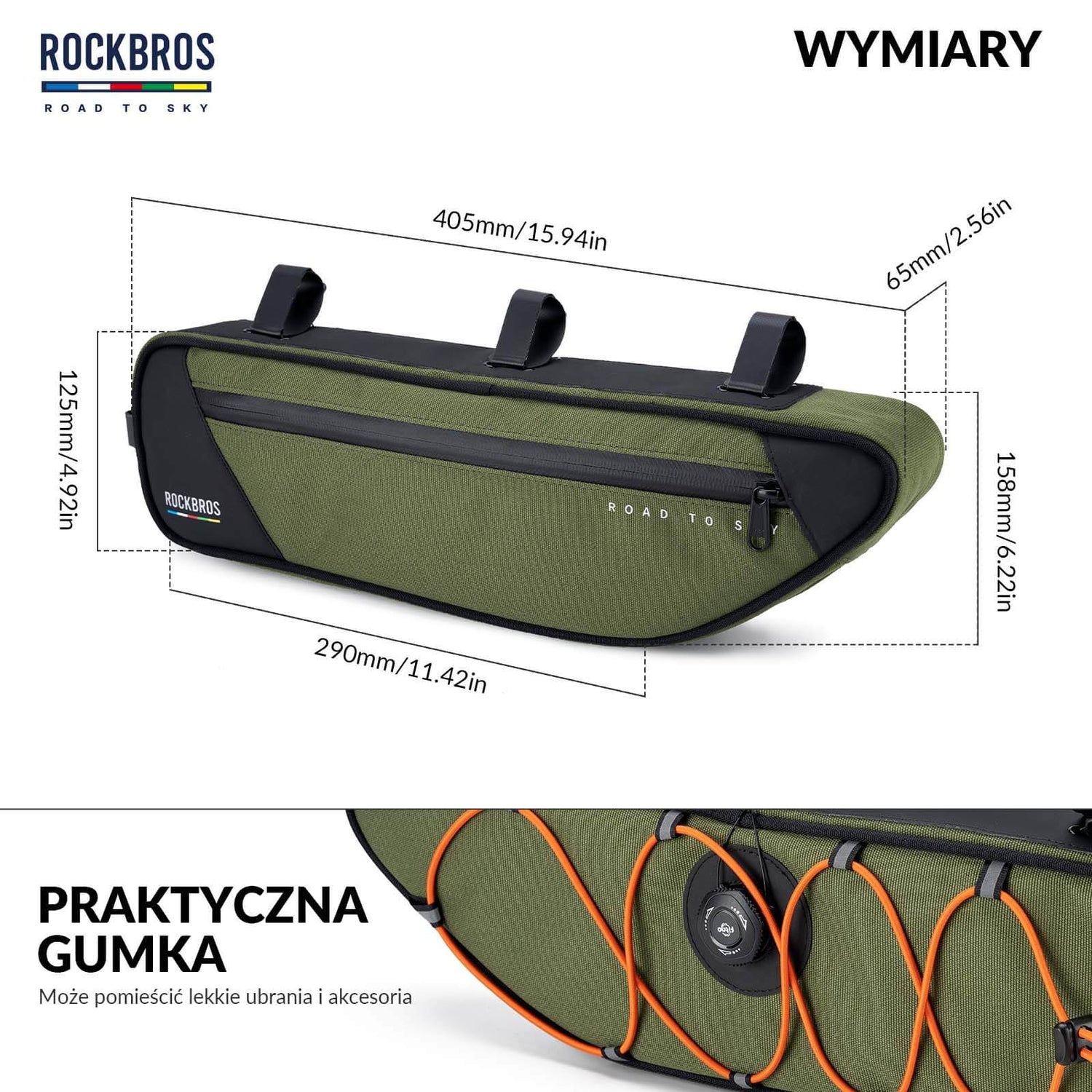 ROAD TO SKY Torba Rowerowa na Ramę Wodoodporna Odblaskowa 0,7L-Zielony