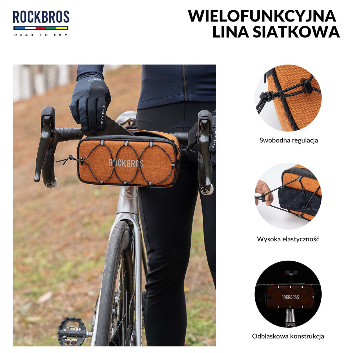 ROAD TO SKY Torby na Kierownicę Rowerową Wodoodporna Odblaskowa 1.9L- Pomarańczowy