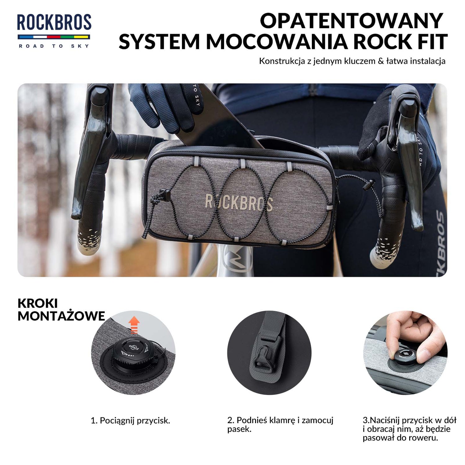 ROAD TO SKY Torby na Kierownicę Rowerową Wodoodporna Odblaskowa 1.9L- Szary