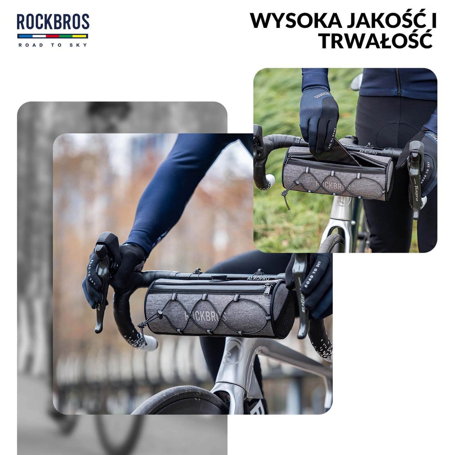 ROAD TO SKY Torby na Kierownicę Rowerową Wodoodporna Odblaskowa Stabilna 1,5L-Szary