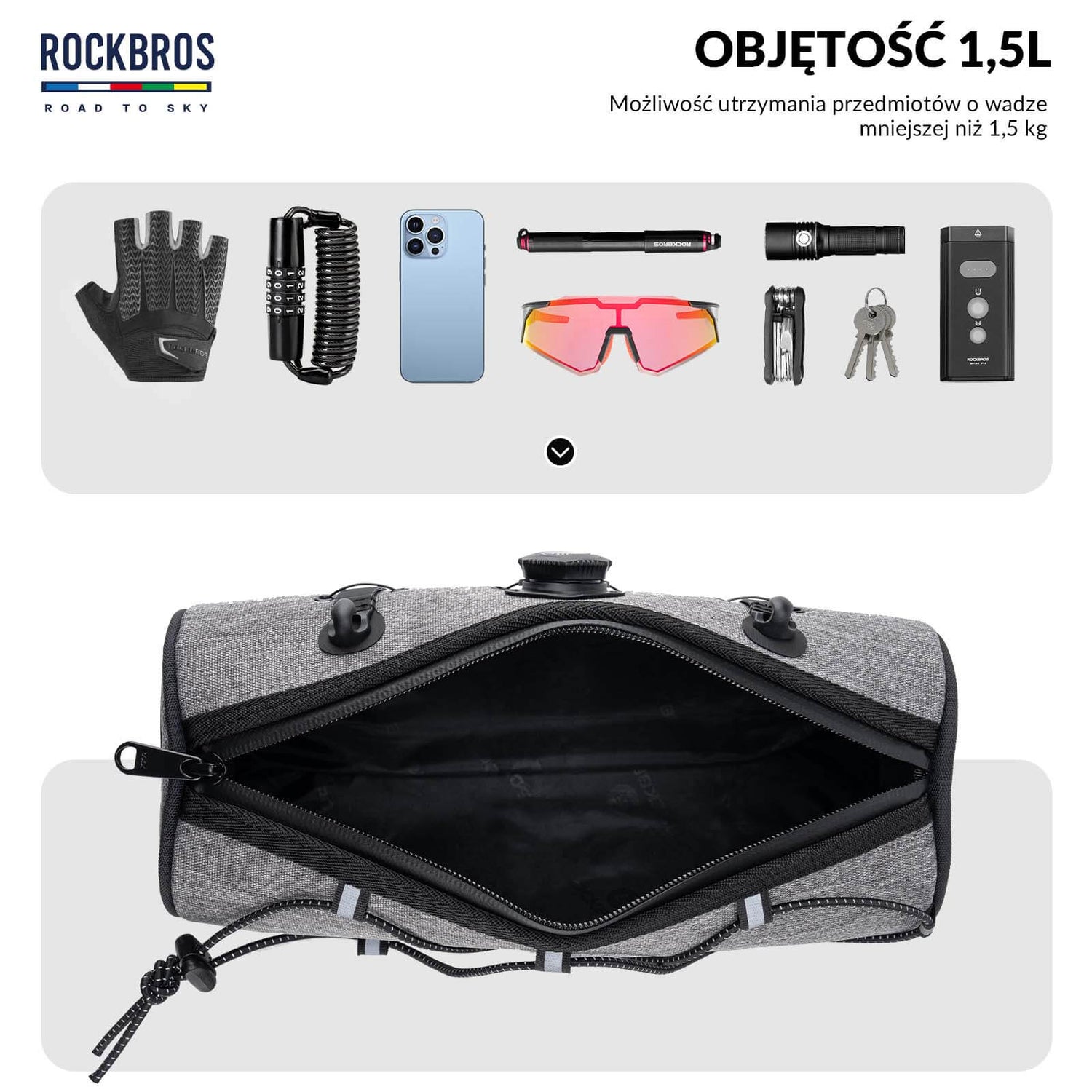 ROAD TO SKY Torby na Kierownicę Rowerową Wodoodporna Odblaskowa Stabilna 1,5L-Szary