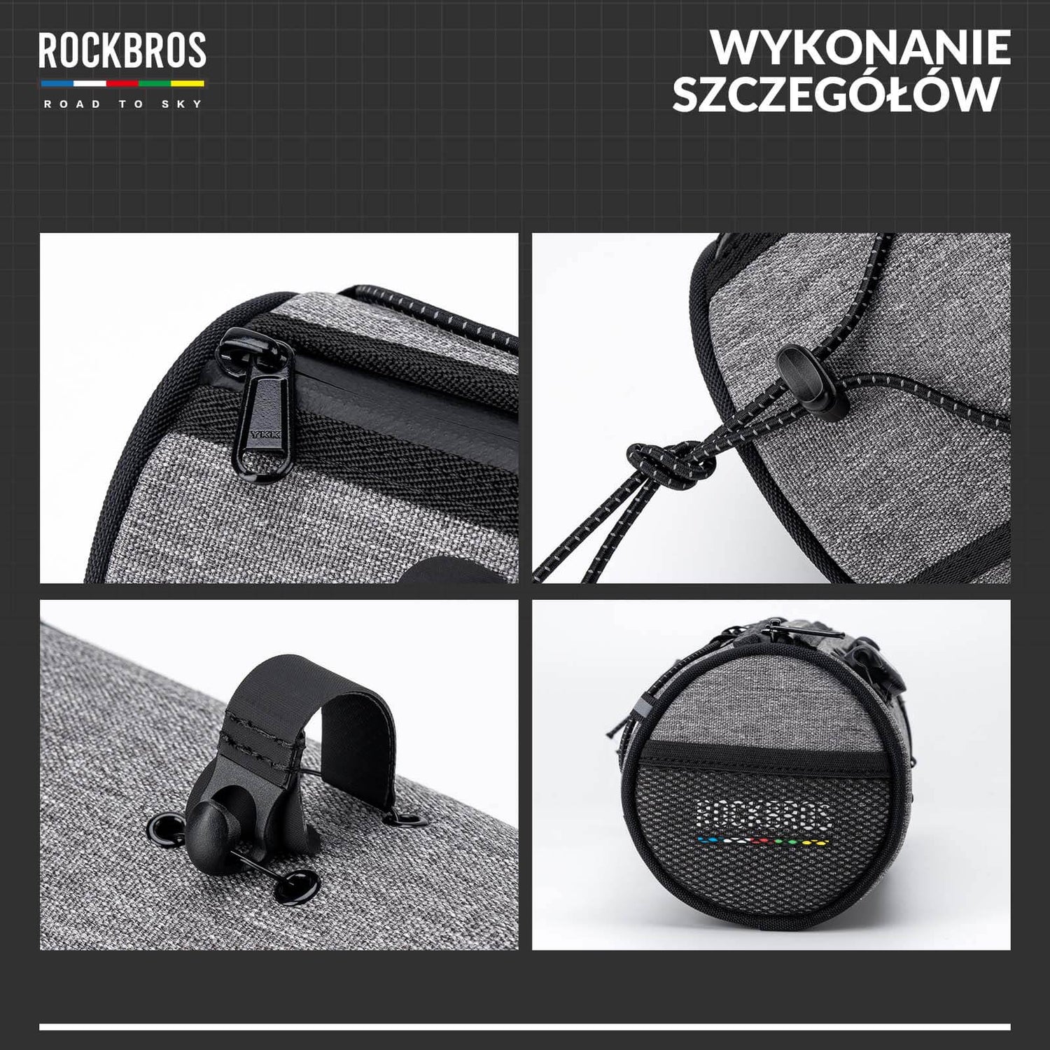 ROAD TO SKY Torby na Kierownicę Rowerową Wodoodporna Odblaskowa Stabilna 1,5L-Szary