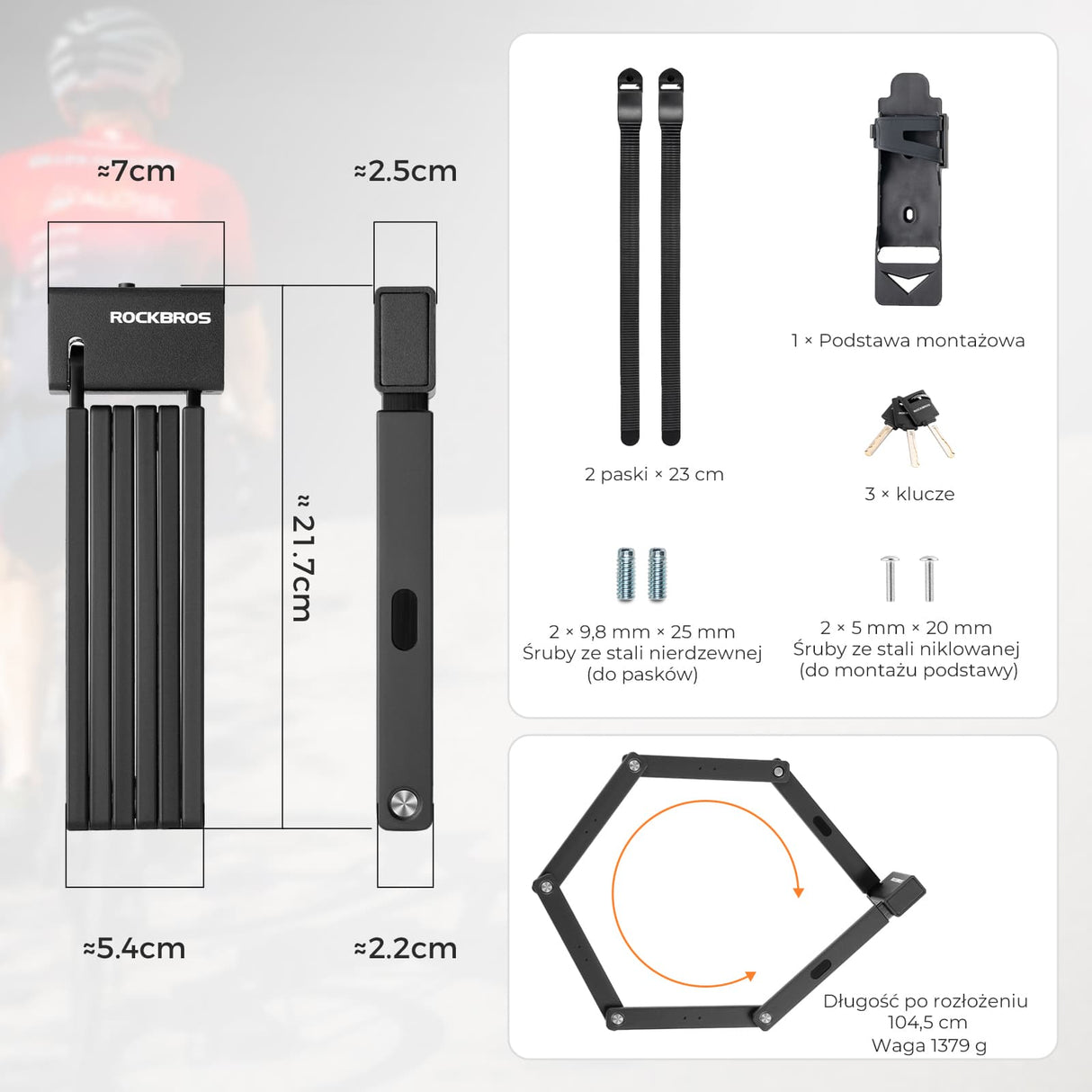 ROCKBROS Składane Zabezpieczenie Roweru 104 cm Zapięcia