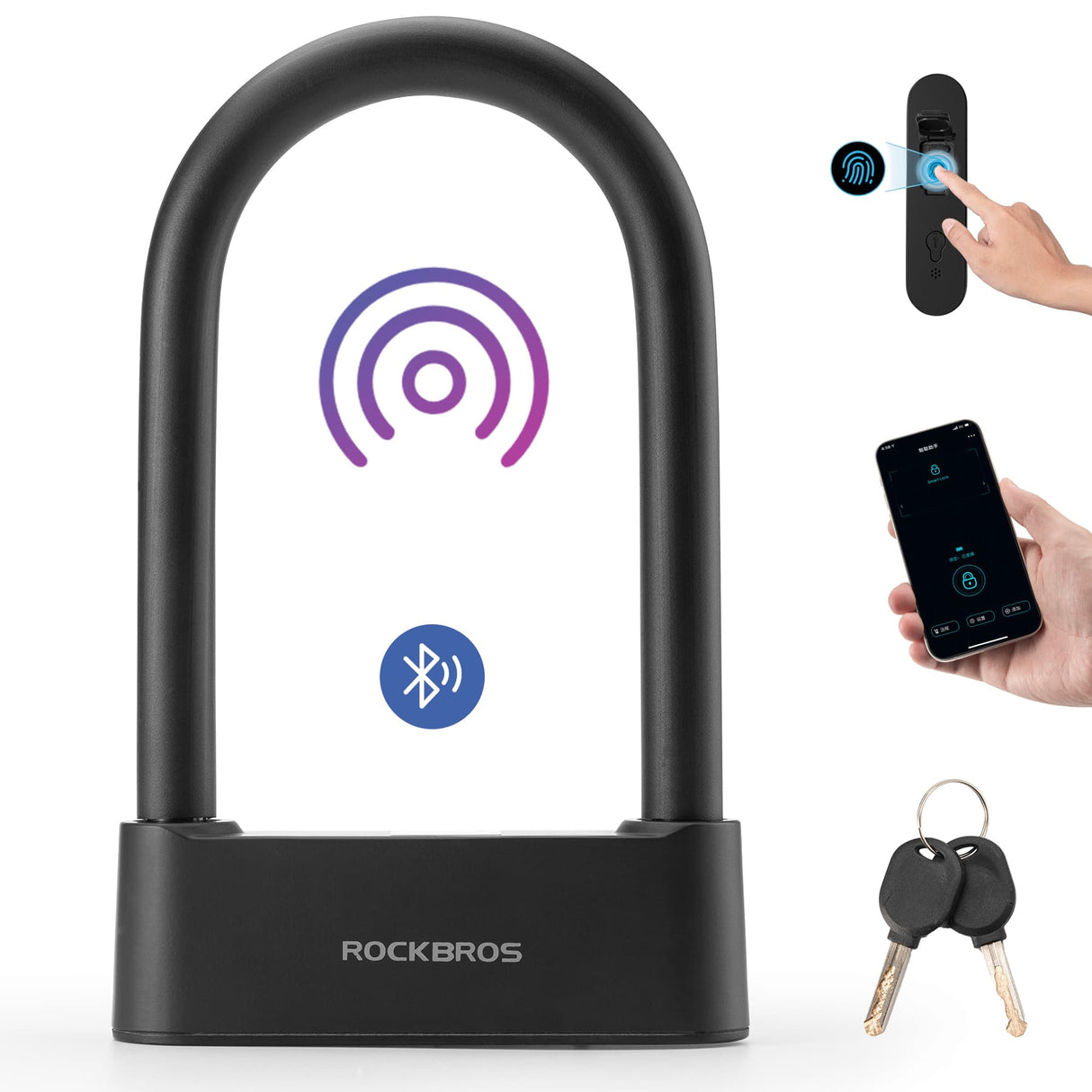 ROCKBROS Blokada Na Odcisk Palca Wodoodporna, Bluetooth z Kluczem Awaryjnym-818 Zapięcia