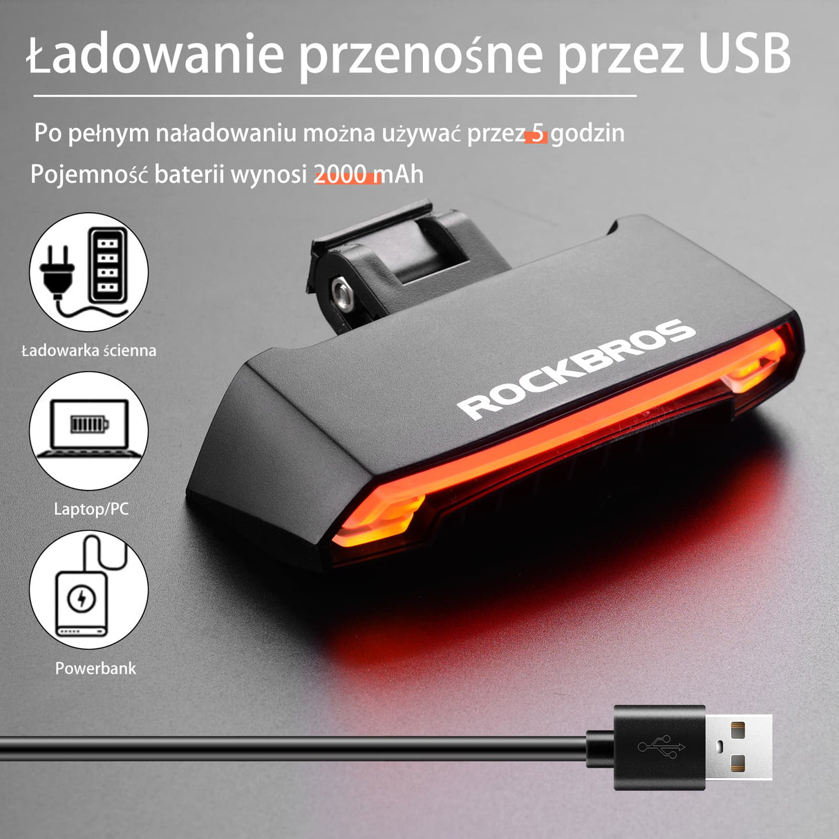 ROCKBROS Inteligentna Lampka Tylna Kierunkowskazy, Laser i Pilot 80 lumenów Światła rowerowe