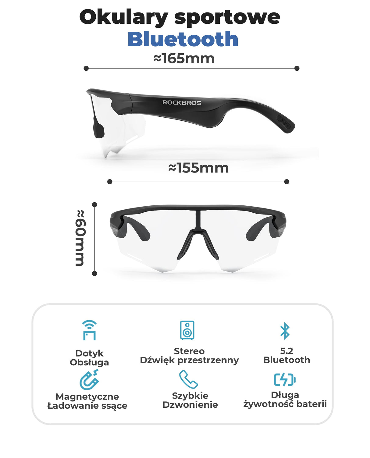 ROCKBROS Inteligentne Okulary Rowerowe Bluetooth Polaryzacyjne / Fotochromowe-SP251 Okulary i gogle