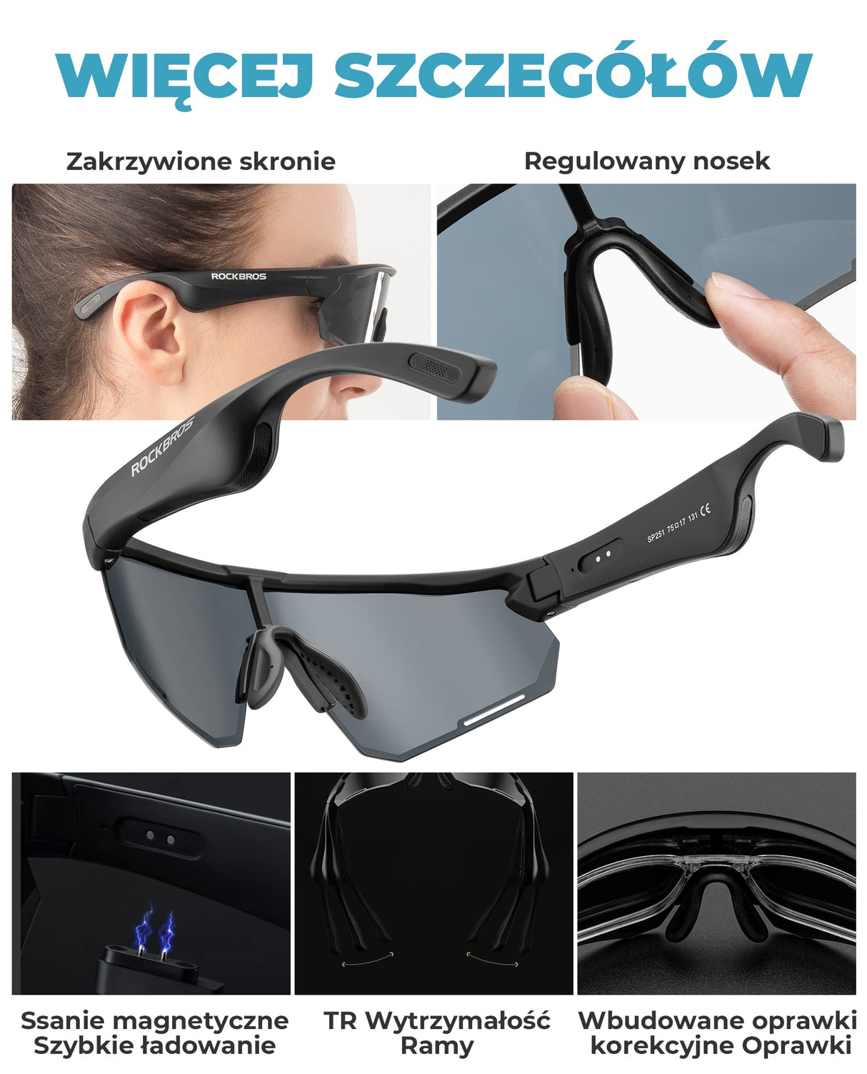 ROCKBROS Inteligentne Okulary Rowerowe Bluetooth Polaryzacyjne / Fotochromowe-SP251 Okulary i gogle