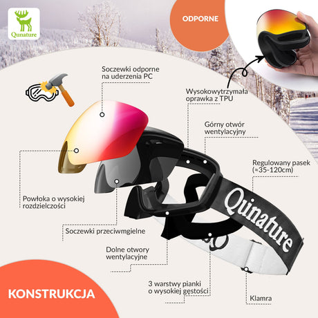 ROCKBROS Qunature Młodzieżowe Gogle Narciarskie Z Filtrem UV Kompatybilne Z Kaskiem-Q23-044 Gogle narciarskie