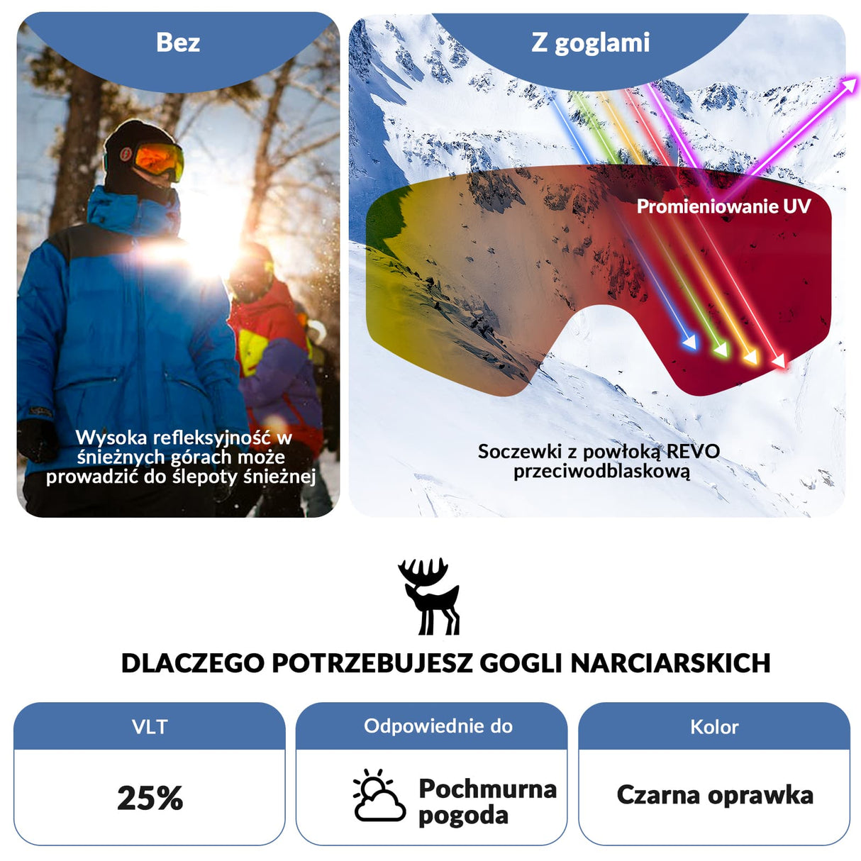 ROCKBROS Qunature Gogle Narciarskie Śniegowe Ochrona UV Damskie/Męskie Przeciwmgielne -Q23-003 Gogle narciarskie