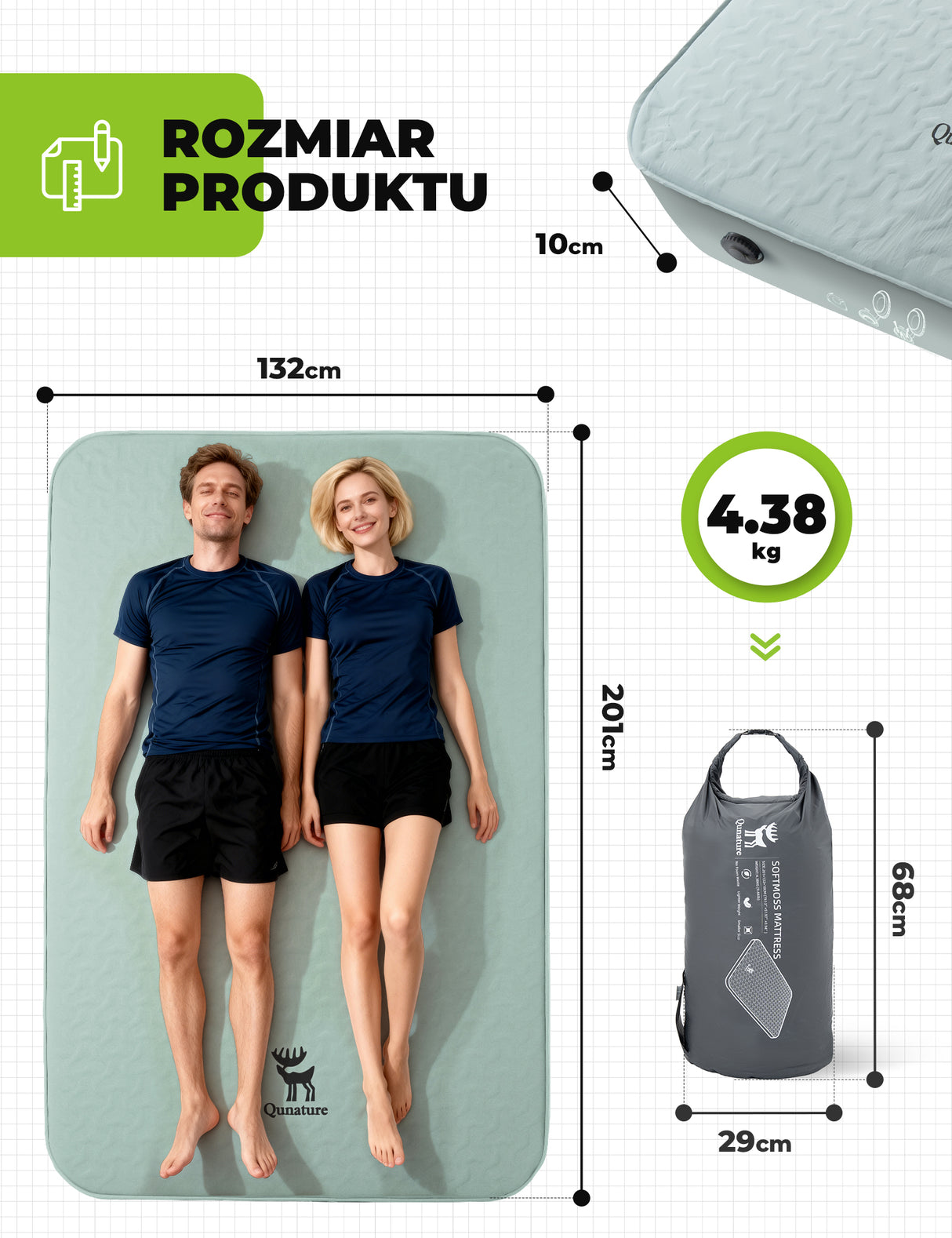 Qunature Qunature Przenośna Nadmuchiwana Mata Piankowa do Spania 4 Calowa Biwak