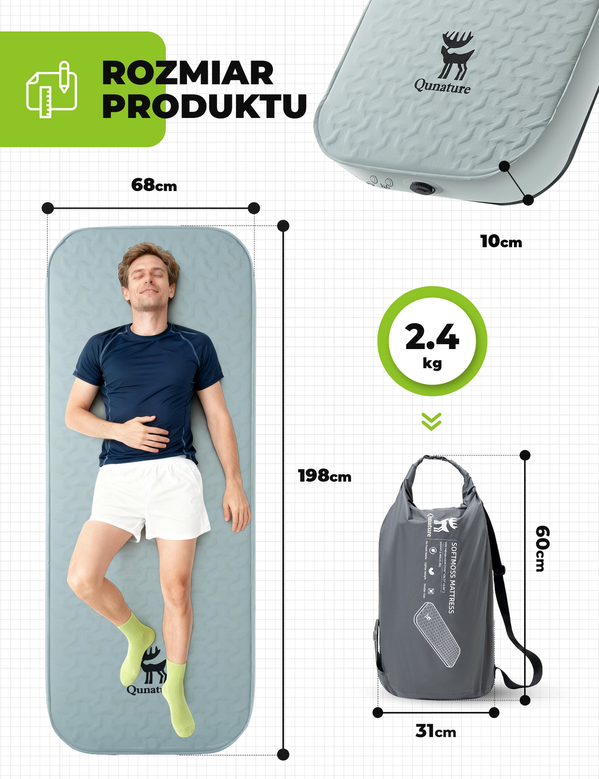 Qunature Qunature Przenośna Nadmuchiwana Mata Piankowa do Spania 4 Calowa Biwak