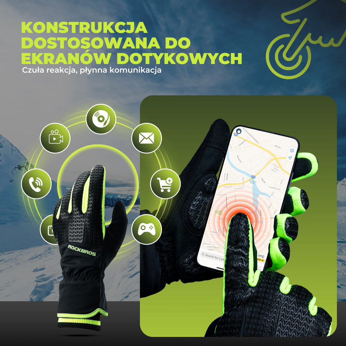 ROCKBROS Rękawiczki Zimowe z Długimi Palcami Ekran Dotykowy Amortyzujący, Antypoślizgowy