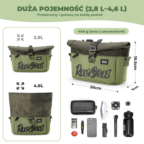 ROCKBROS Torba Na Kierownicę Rowerową Do Rowerów Z Prostą Kierownicą I Brompton 1.8-2.8 L Torba Przednia