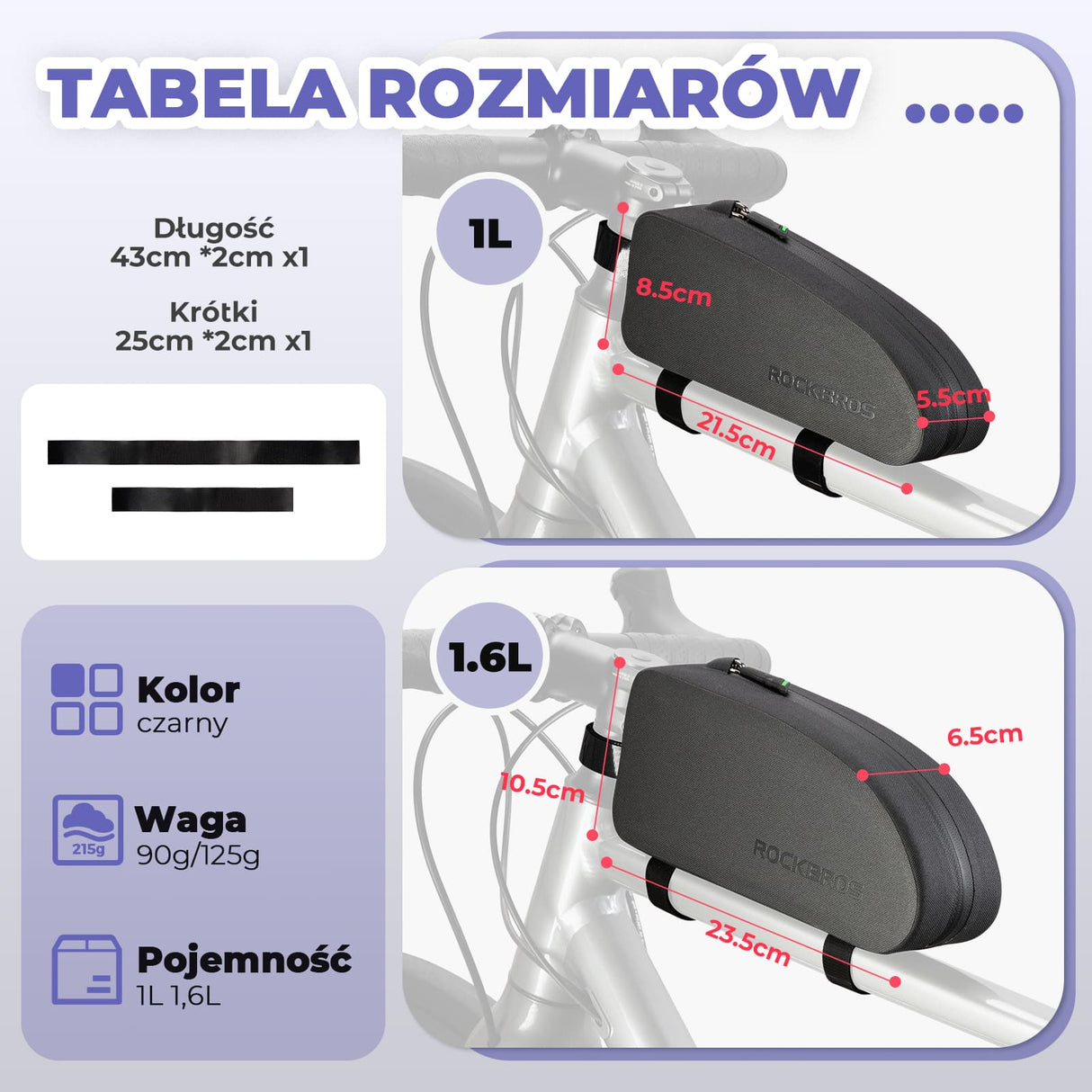 ROCKBROS Torba Rowerowa na Ramę Wodoodporna I Pyłoszczelna Czarna 1L/1.6L Torby na ramę