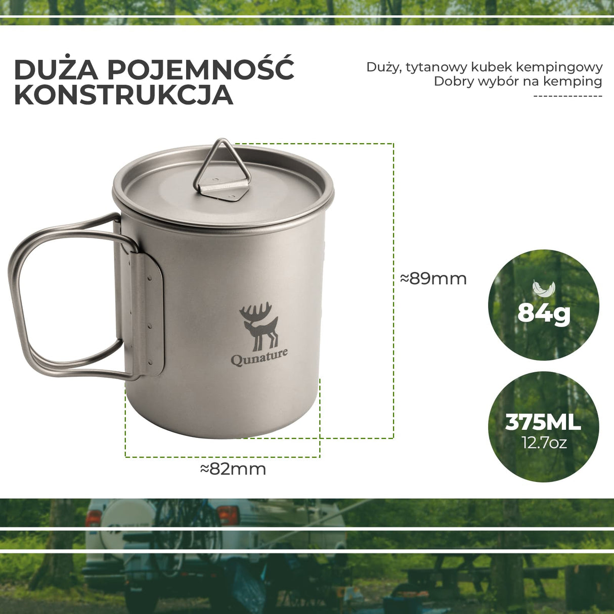 Qunature Qunature Tytanowy Składany Kubek Outdoorowy 375ml Qunature-Biwak