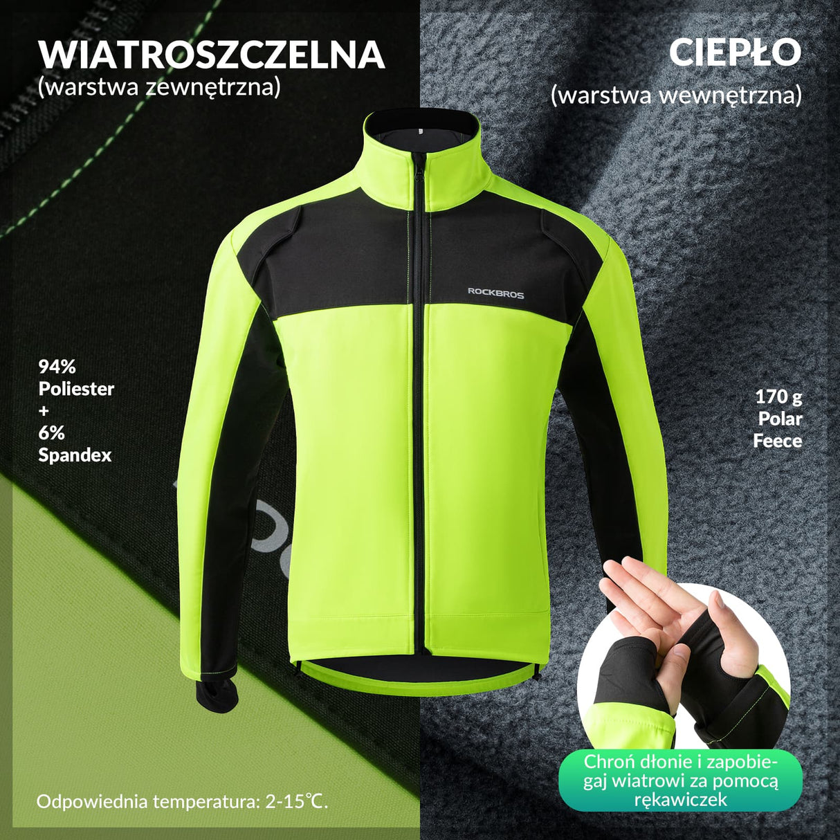 ROCKBROS Zimowa Wiatroodporna Kurtka Rowerowa Typu Softshell Mężczyźni
