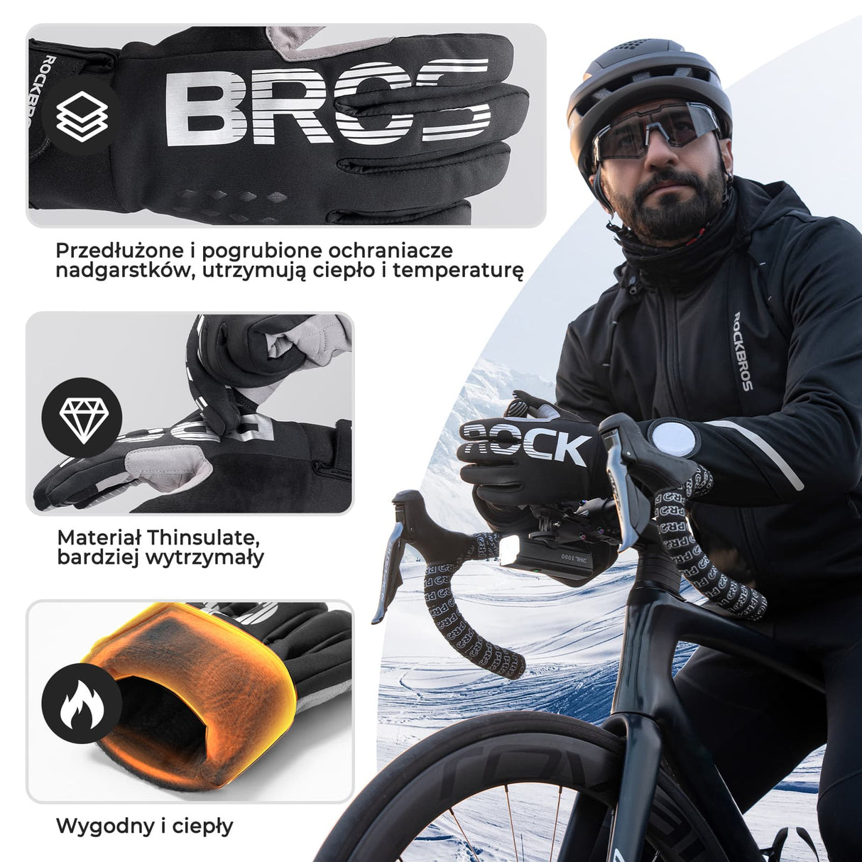 ROCKBROS Zimowe Rękawiczki Rowerowe – Ciepłe, Dotykowe, Oddychające