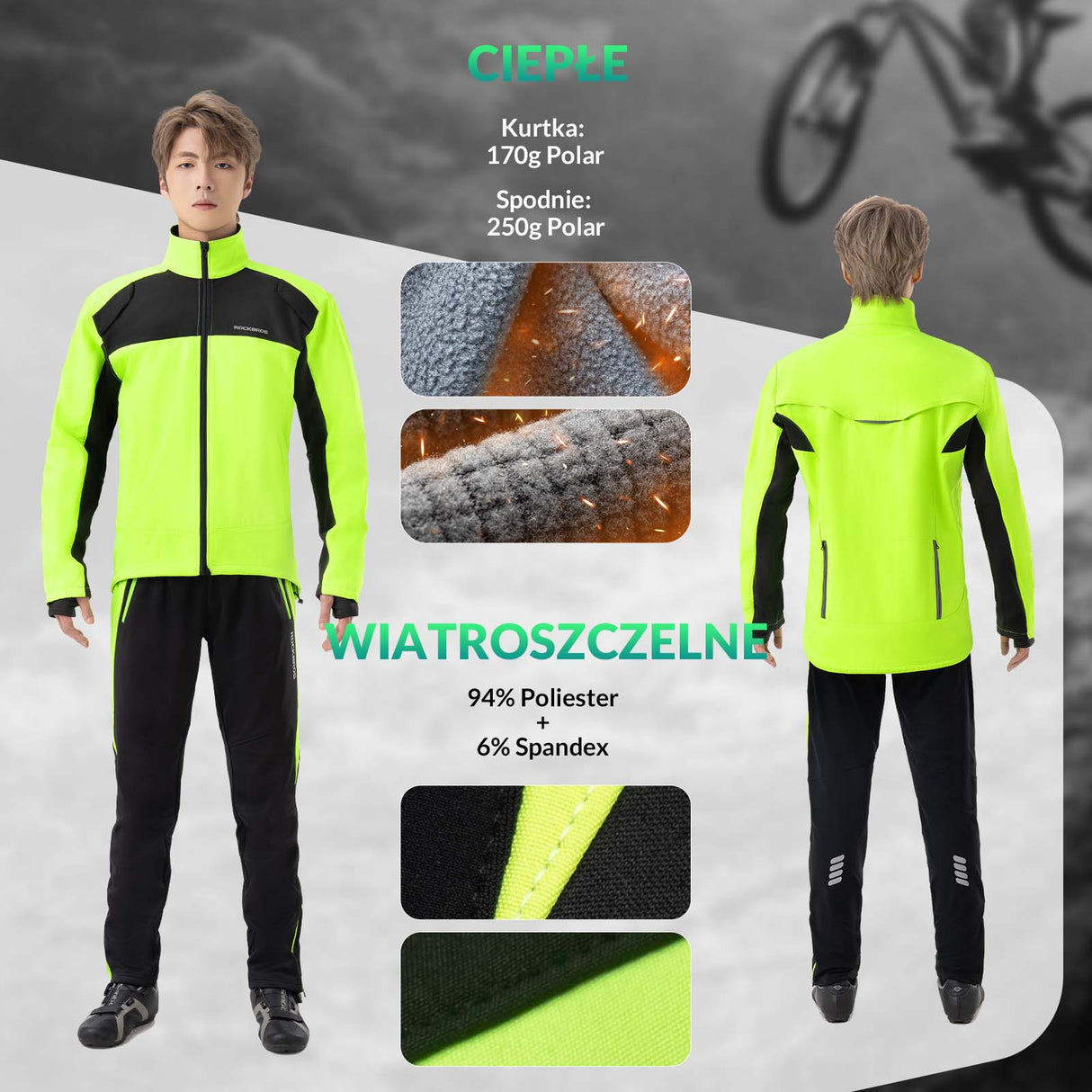 ROCKBROS Zimowy Komplet Rowerowy Męski Kurtka i Spodnie，Miękki, Ciepły, Dopasowany Do Ciała