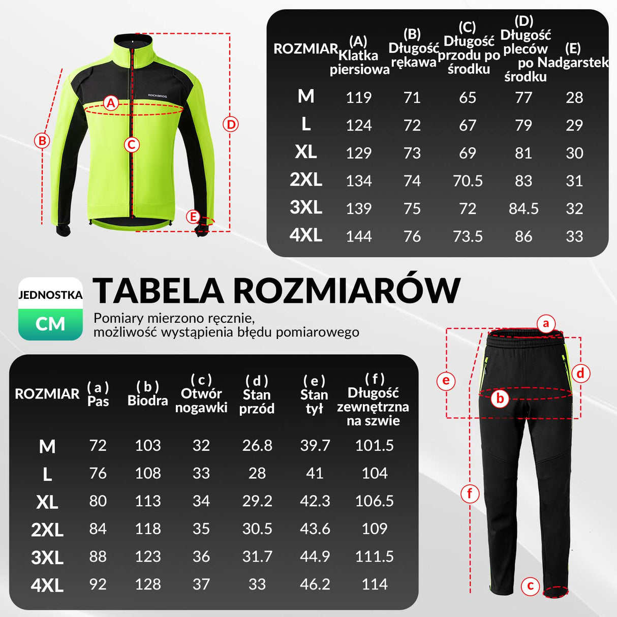 ROCKBROS Zimowy Komplet Rowerowy Męski Kurtka i Spodnie，Miękki, Ciepły, Dopasowany Do Ciała