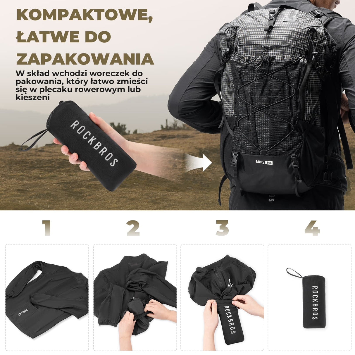 ROCKBROS Kurtka Rowerowa z Długim Rękawem – Wiatroszczelna, Składana, z Wentylacją i Elementami Odblaskowymi-Moro