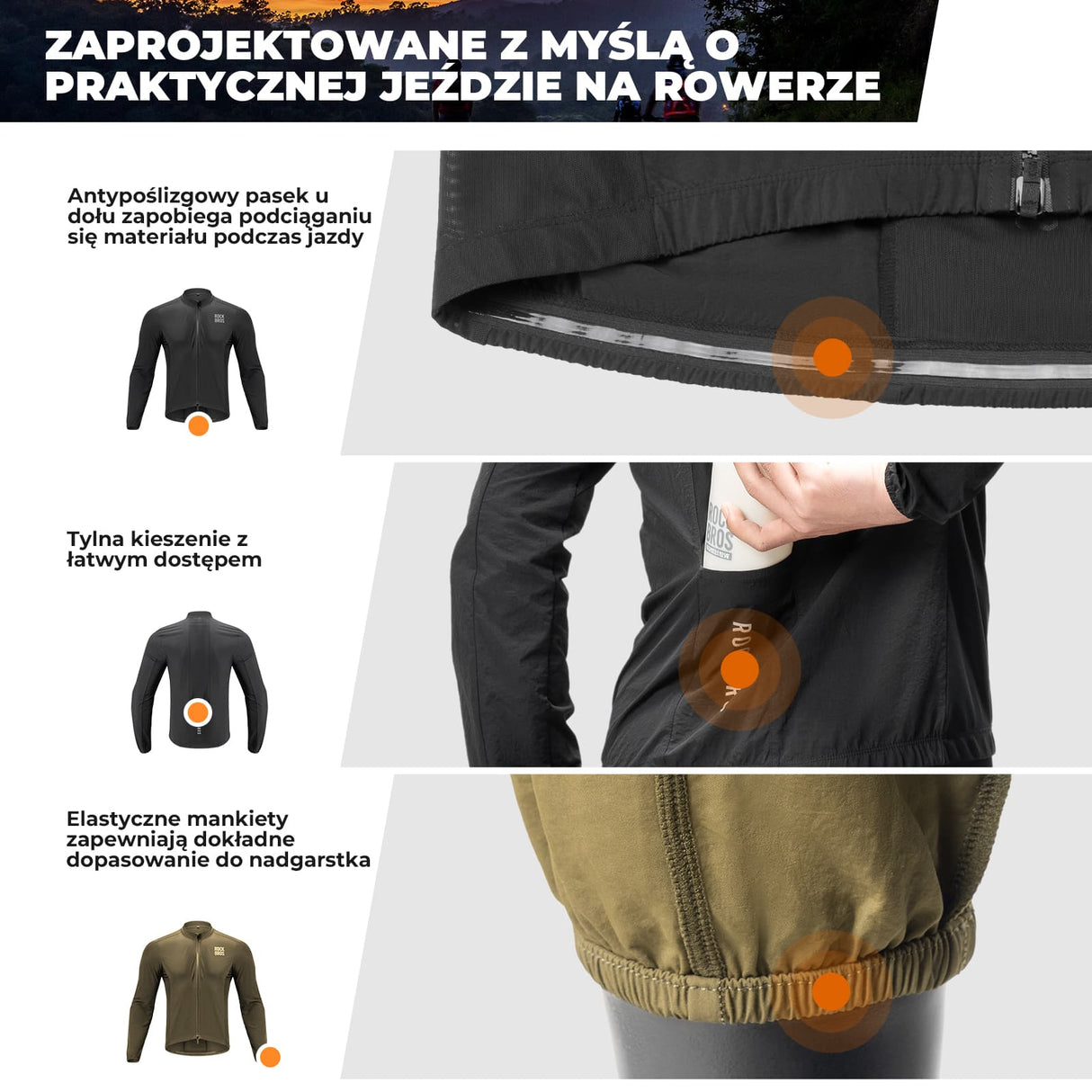 ROCKBROS Kurtka Rowerowa z Długim Rękawem – Wiatroszczelna, Składana, z Wentylacją i Elementami Odblaskowymi-Czarny