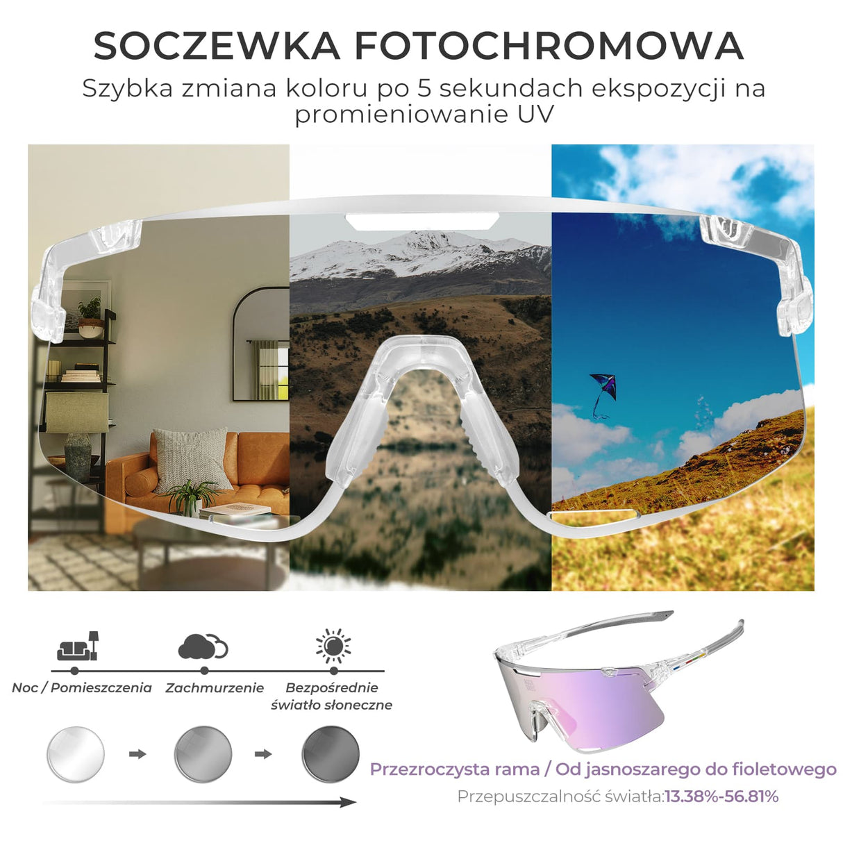 ROCKBROS Okulary Fotochromowe/ Polaryzacyjne 3 pary soczewek wymiennych, ochrona UV-Fioletowy