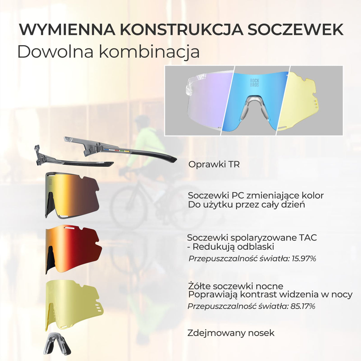 ROCKBROS Okulary Fotochromowe/ Polaryzacyjne 3 pary soczewek wymiennych, ochrona UV-Fioletowy